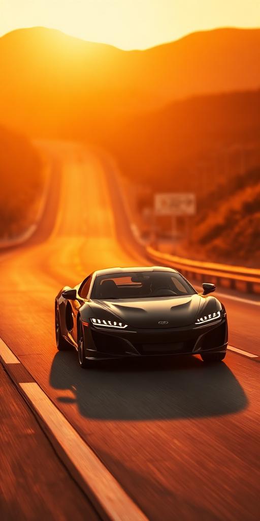 Sleek car cruising an open highway at golden hour
