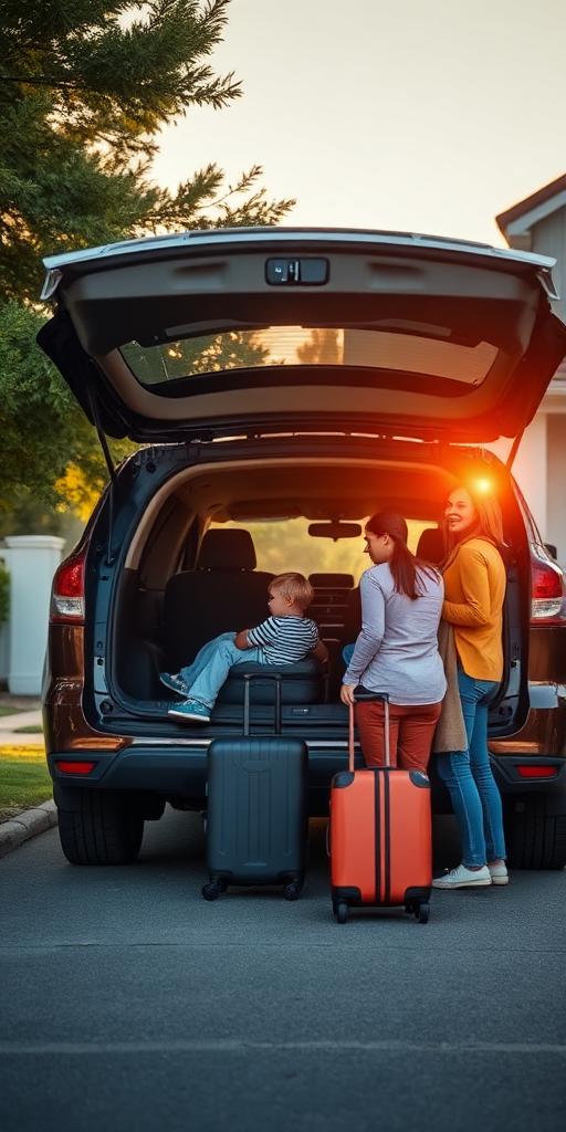 Family loading luggage into an SUV in a suburban driveway