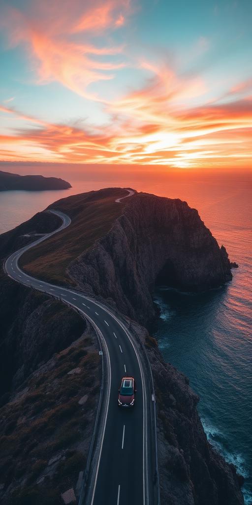 Aerial view of a car on a winding coastal road at sunset